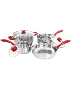 Gibson Home Crawson 7 Piece Stainless Steel Cookware Set in Chrome with Red Handles