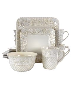Elama Ivory Lotus 16 Piece Square Dinnerware Set